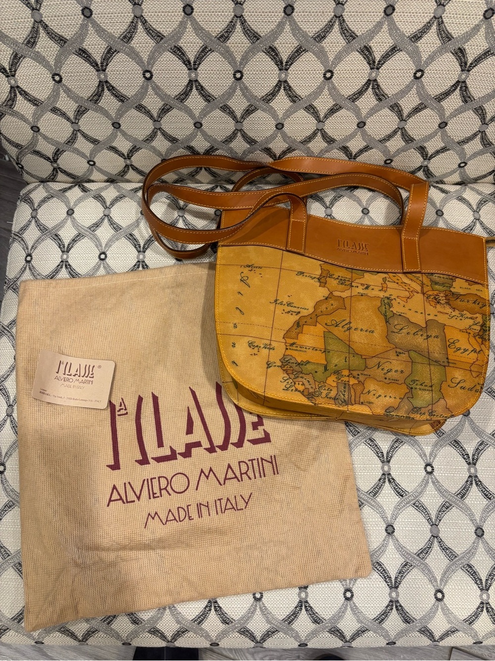 Alviero Martini Map-Print Crossbody Bag in Yellow and Tan EUC
